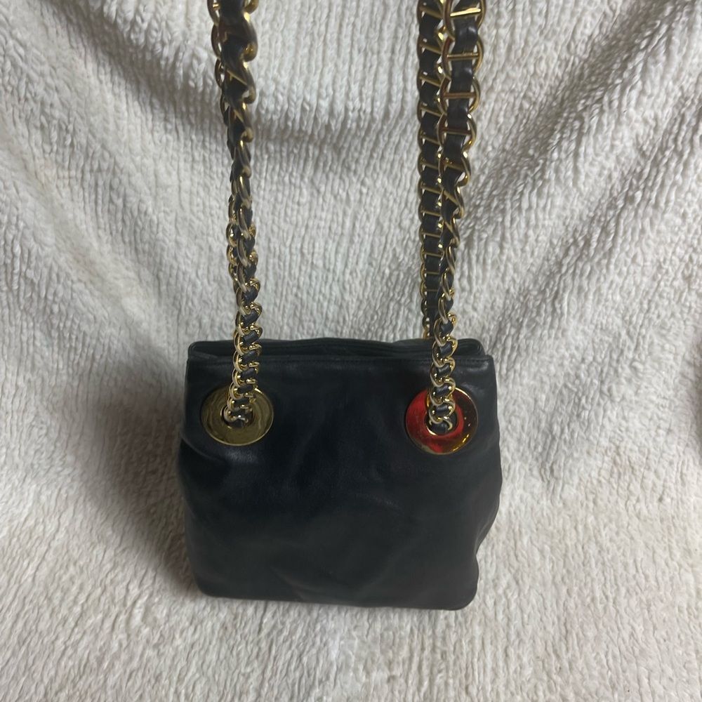 L.J.S.Vintage Black Leather double gold tone Chain Strap crossbody bag.